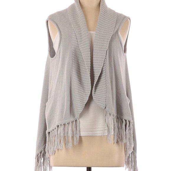 Design History Light Gray Open Knit Cardigan Vest With Fringe Hem Size Medium - Picture 1 of 6